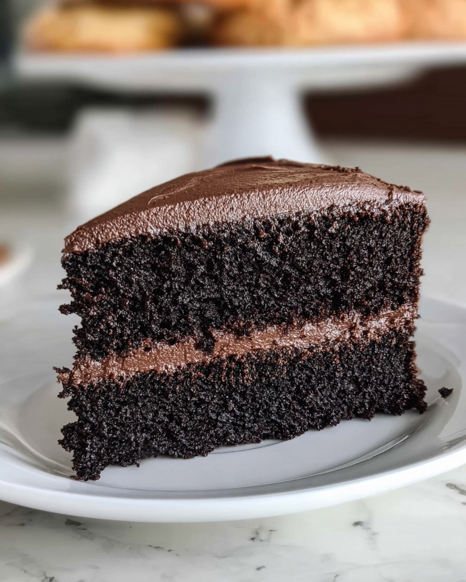 A slice of dark chocolate cake is shown on a white plate, placed on a white marbled surface. The cake has two thick layers of moist, dark chocolate sponge. Between the layers, there is a smooth, rich chocolate frosting. The top of the cake is covered with an even layer of the same glossy chocolate frosting, slightly textured with small swirls. In the background, some blurred light-colored baked goods are visible, adding depth to the image. The photo was taken with an iphone --ar 4:5 --v 7