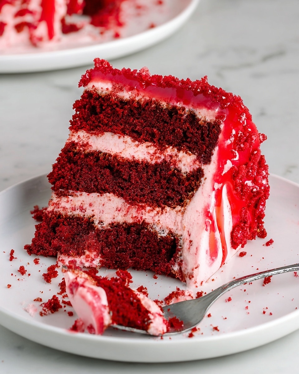 A slice of red velvet cake with three thick layers of bright red, moist texture separated by smooth, creamy light pink frosting sits on a white plate. The top edge of the cake is coated with glossy red syrup dripping slightly down the sides. A fork holds a bite-sized piece of the cake with red crumbs scattered on the plate. The setting has a white marbled texture under the plate. photo taken with an iphone --ar 4:5 --v 7