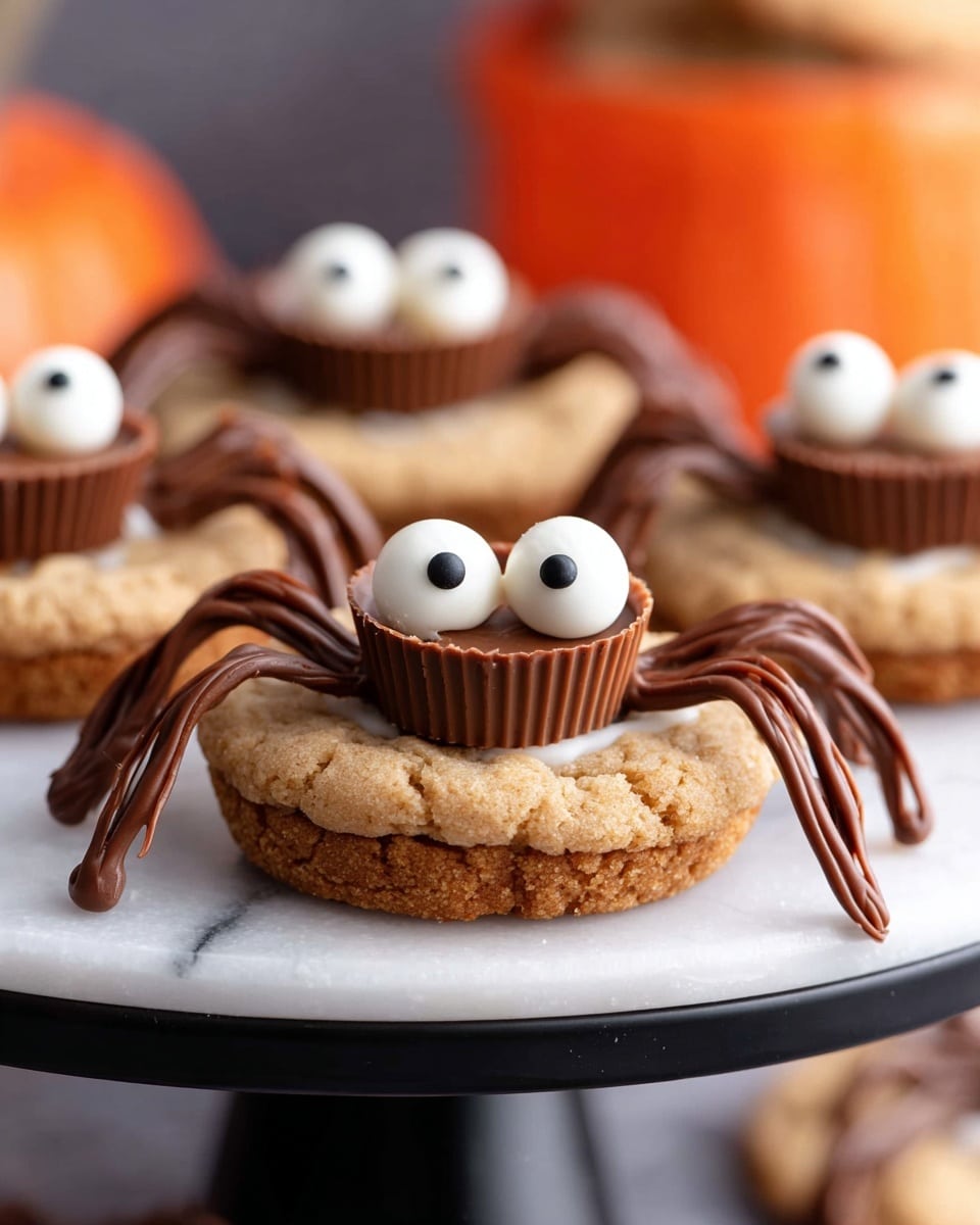 This image shows four spider-shaped treats on a black plate placed on a white marbled surface. Each treat has a round, golden-brown cookie base. On top of each cookie sits a small, dark brown peanut butter cup, representing the spider's body. Attached around the peanut butter cup are eight thin, curved lines of dark chocolate, forming the spider's legs. In front of the peanut butter cup, two white candy eyes with black pupils are placed side by side, giving the appearance of cute spiders. The photo is taken with an iphone --ar 4:5 --v 7