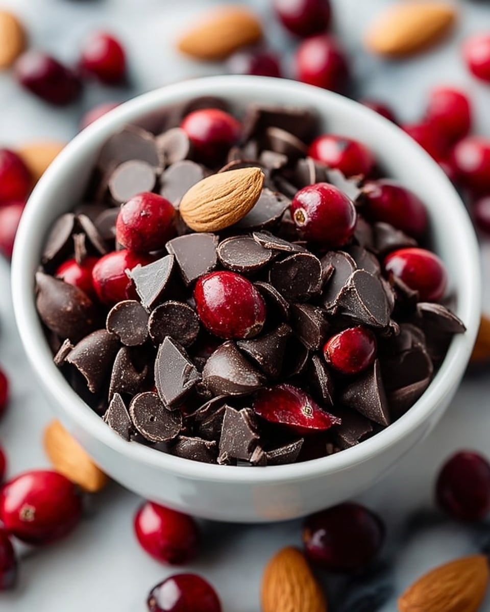 A white bowl filled with a mix of shiny dark chocolate pieces, dark chocolate discs, and fresh red cranberries, along with some whole almonds scattered among them. The bowl sits on a white marbled surface, with a few almonds, cranberries, and dark chocolate pieces spread around it. The colors are mainly deep red, dark brown, and light brown from the almonds, creating a rich and textured look. Photo taken with an iphone --ar 4:5 --v 7