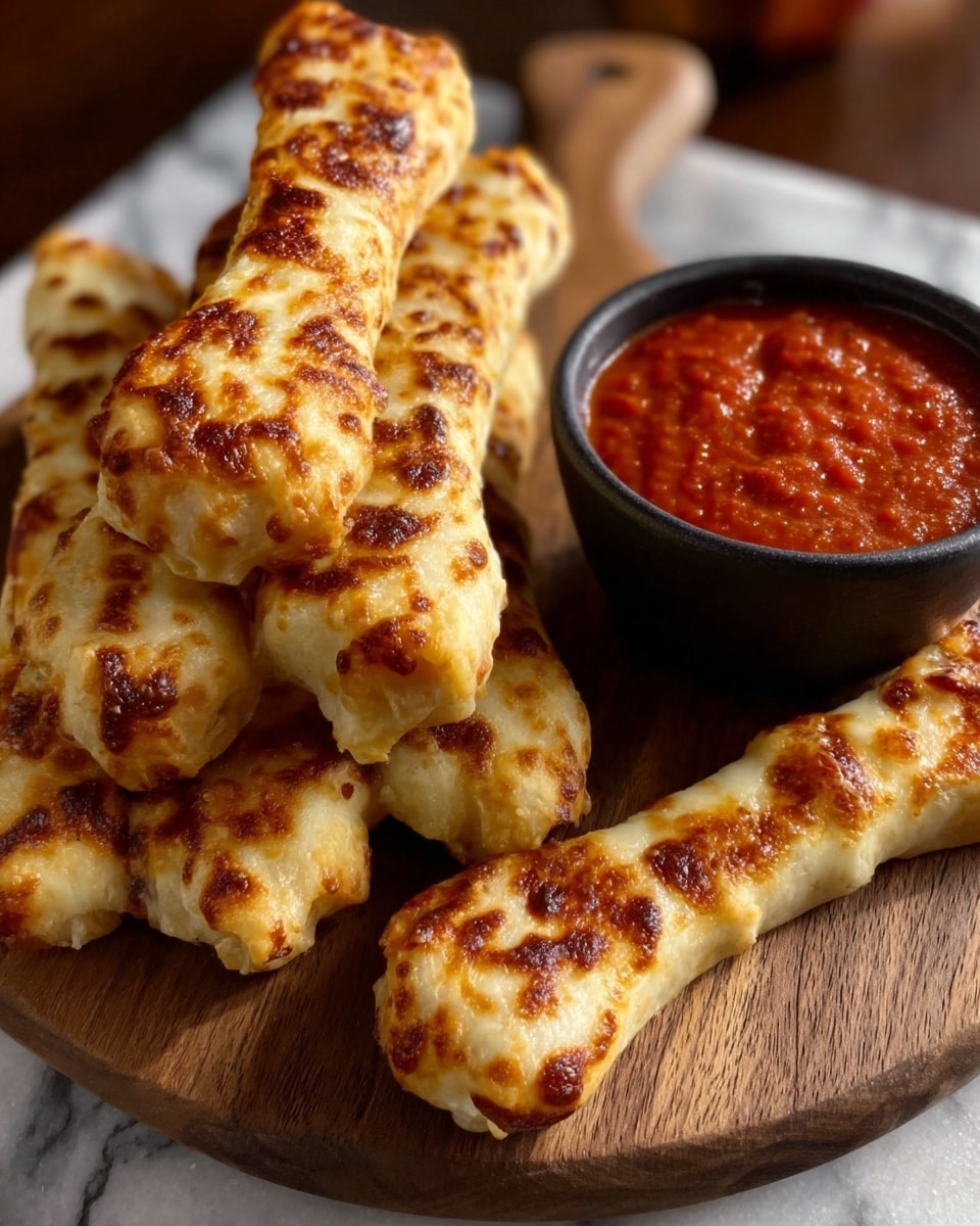 A wooden serving board holds a pile of eight golden cheese sticks shaped like bones, each stick showing browned melted cheese spots on top and a soft doughy texture on the sides. To the right of the cheese sticks is a small black bowl filled with thick, chunky red marinara sauce. The background is a white marbled surface with a soft blurred warm-toned setting behind it. photo taken with an iphone --ar 4:5 --v 7