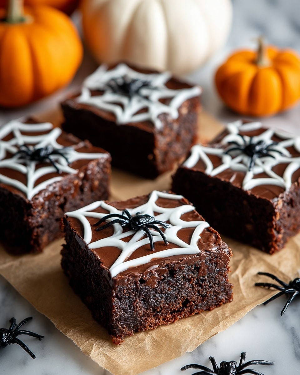 There are four square chocolate brownies on crumpled brown paper, each with one thick, dark brown layer topped with a shiny white layer shaped like a spider web made of icing, and a black plastic spider placed in the center of the web on top. The brownies have a rich, moist texture with crumbly edges, all set on a white marbled surface with small orange pumpkins and more black plastic spiders blurred in the background. Photo taken with an iphone --ar 4:5 --v 7