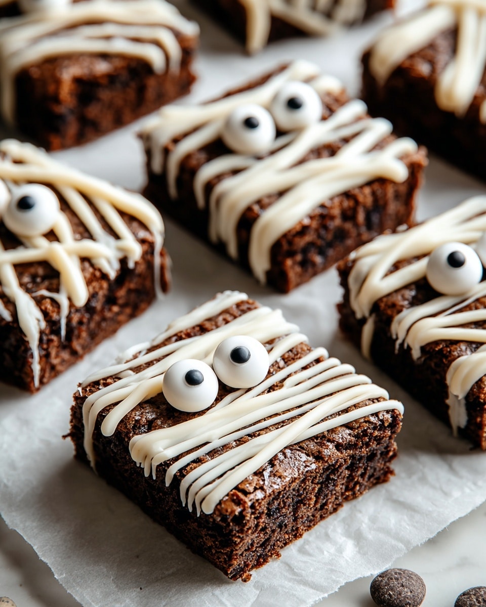 A close-up of four square chocolate brownies arranged on a piece of light parchment paper on a white marbled surface, each brownie is about two layers thick with a dense, rich dark brown texture. Each brownie is decorated with random lines of creamy white icing drizzled over the top and down the sides to create a