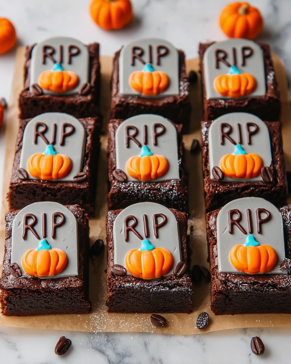 The image shows a grid of 12 rectangular chocolate brownies arranged in four rows and three columns on parchment paper over a white marbled surface. Each brownie has a smooth dark brown chocolate layer topped with a light beige tombstone-shaped decoration that has