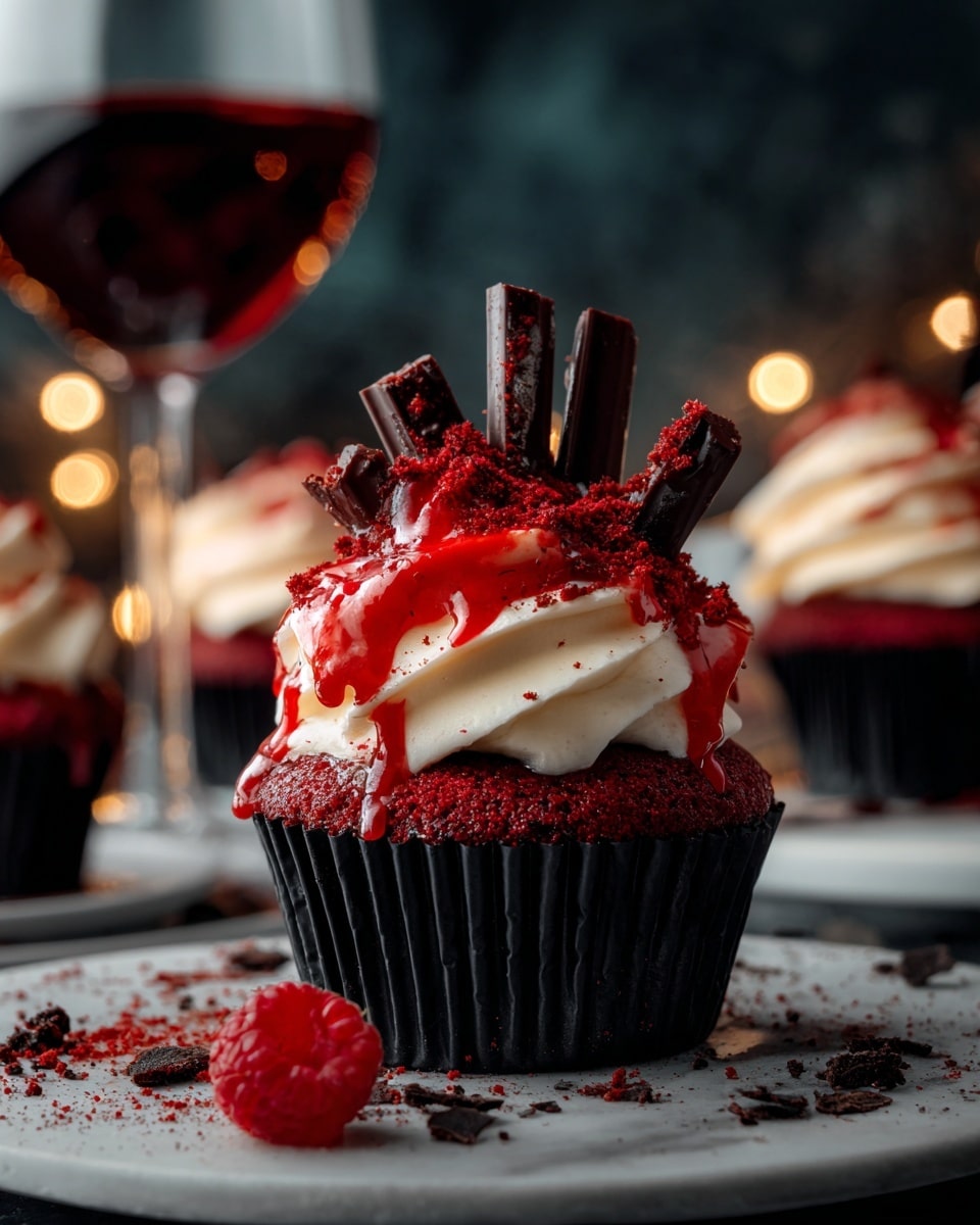 The image shows a red velvet cupcake placed on a white plate with a black wrapper. The cupcake has two main layers – the bottom is a dark red, soft cake with a bite taken out, revealing a moist inside. On top of the cake is a thick swirl of light cream cheese frosting, smooth and creamy, decorated with small red crumbs scattered around. Bright red syrup drips down the frosting and the side of the cupcake, creating a striking contrast. Thin dark chocolate sticks poke out from the frosting in a star-like pattern. In the background, there are more cupcakes and a glass of red wine against a dark textured backdrop, all on a white marbled surface. Photo taken with an iphone --ar 4:5 --v 7