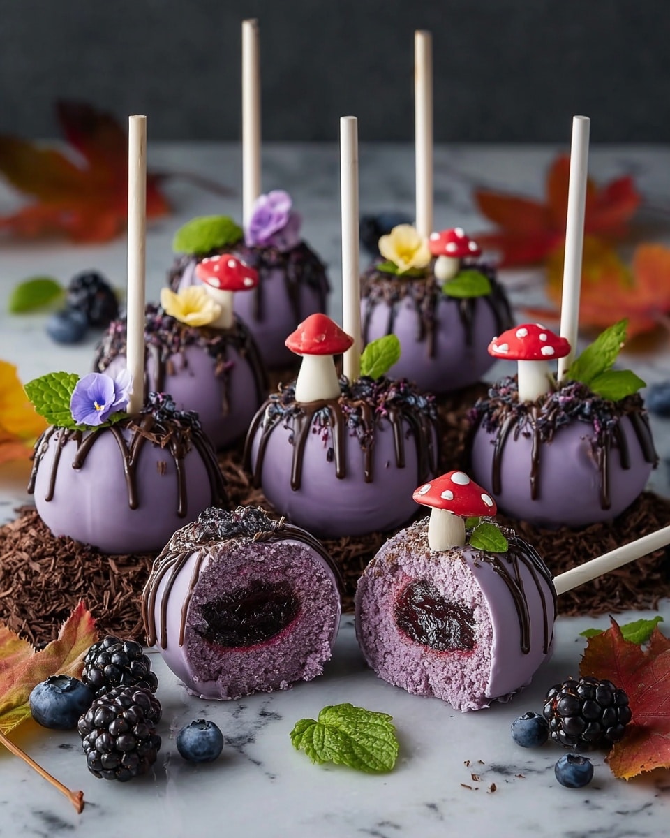 This image shows nine purple cake pops arranged on a bed of dark chocolate shavings, placed on a white marbled surface. Each cake pop is round and covered in smooth purple icing with thin stripes of dark chocolate drizzled over them. The cake pops are decorated with small colorful edible flowers, mint leaves, and fresh blackberries or blueberries on top. One cake pop is on a wooden stick lying down, showing a dark purple filling inside the soft purple cake layer. Two cake pops are decorated with small, white and red mushroom-shaped toppers. Scattered around the cake pops are fresh berries, purple flower petals, green mint leaves, and autumn leaves in brown and red shades. The setting looks cozy and natural, with a dark background making the purple cakes stand out. photo taken with an iphone --ar 4:5 --v 7
