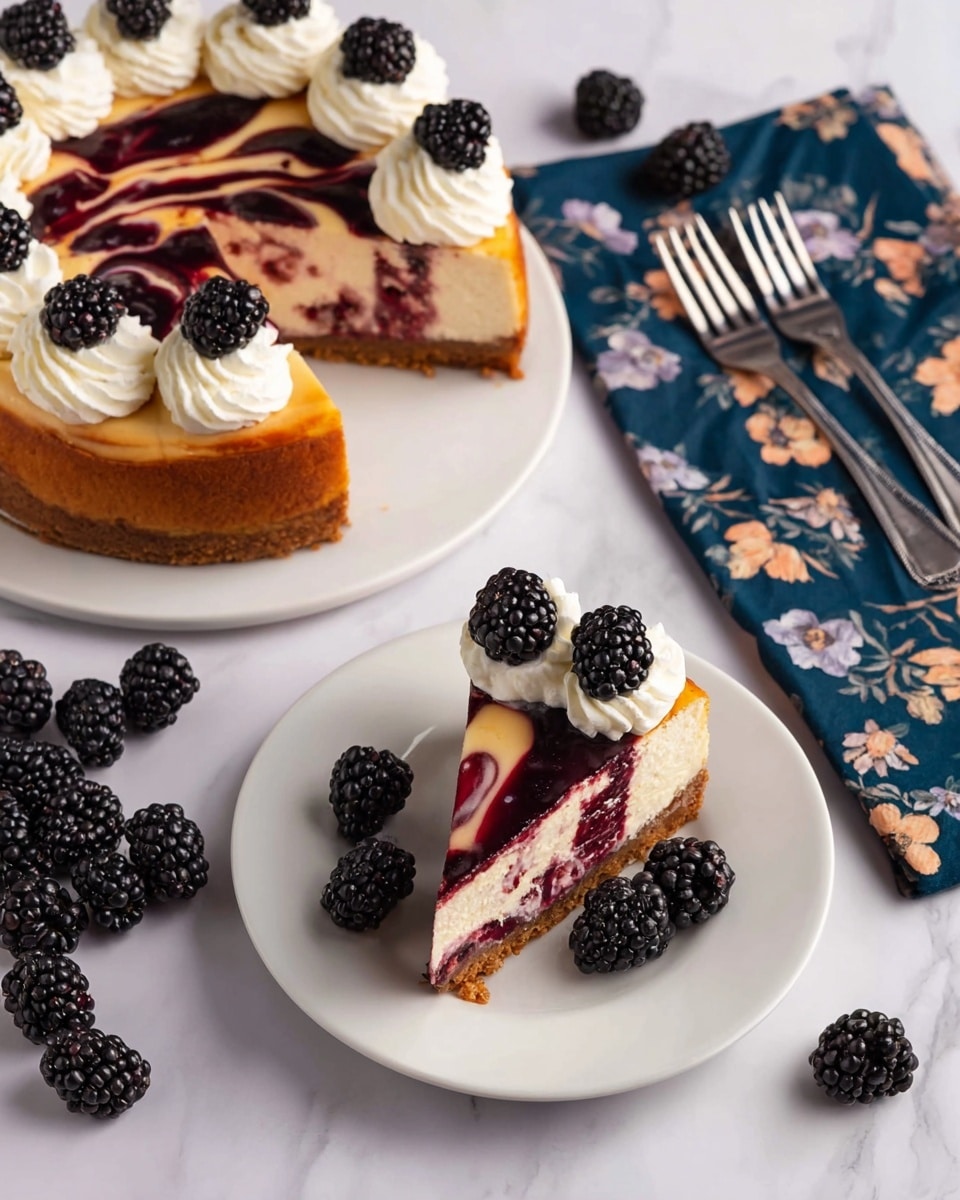 The image shows a slice of cheesecake on a white plate with a brown crumbly crust at the bottom and a creamy beige layer with dark purple swirls on top. The top edge of the slice has dollops of white whipped cream, each topped with a shiny black blackberry. Around the plate are a few loose blackberries. Next to the plate, there is a small white bowl filled with blackberries, and part of the whole cheesecake is visible with the same whipped cream and berry decoration on top. The background is a white marbled surface with three silver forks resting on a dark blue cloth with red and white floral patterns. Photo taken with an iphone --ar 4:5 --v 7
