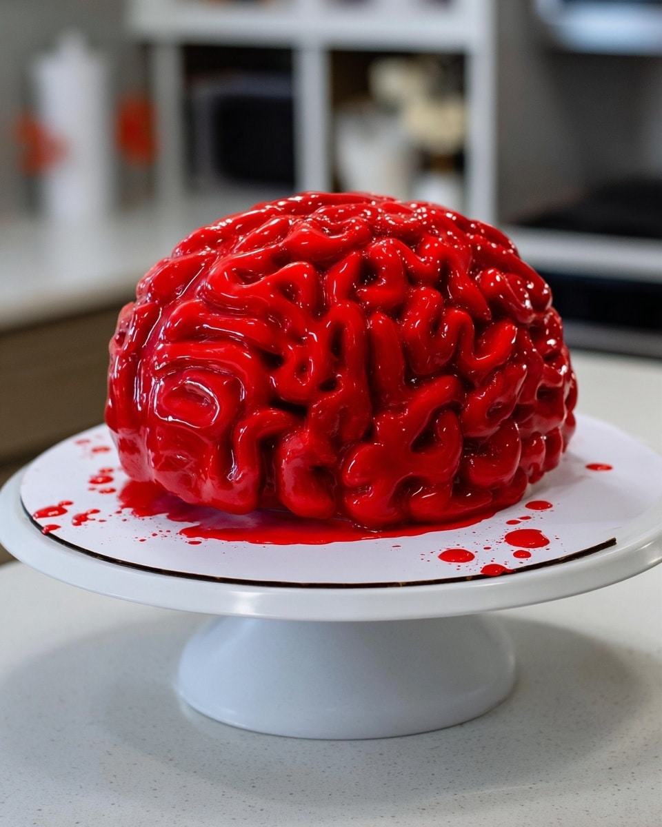A shiny, bright red brain-shaped cake sits on a white plate with red glaze dripping around its base; the cake has detailed, rounded folds that look like brain wrinkles covered evenly in glossy, smooth red icing. At the top, a woman's hand holding a blue brush is spreading more glaze on the cake, adding a fresh layer of shiny texture. The background is a soft, blurred kitchen scene with a white marbled surface beneath the plate. photo taken with an iphone --ar 4:5 --v 7