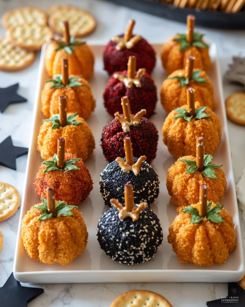 A white rectangular plate holds 15 small pumpkin-shaped snacks arranged in neat rows. Each pumpkin has a textured outer layer in three different colors: black coated with black and white sesame seeds, bright orange with a crumbly coating, and deep red with a powdery coating. Each pumpkin has six defined vertical segments and a small pretzel stick placed in the center as a stem. Small green parsley leaves are added on some pumpkins as decoration. The plate is placed on a white marbled surface with round crackers scattered around nearby. photo taken with an iphone --ar 4:5 --v 7