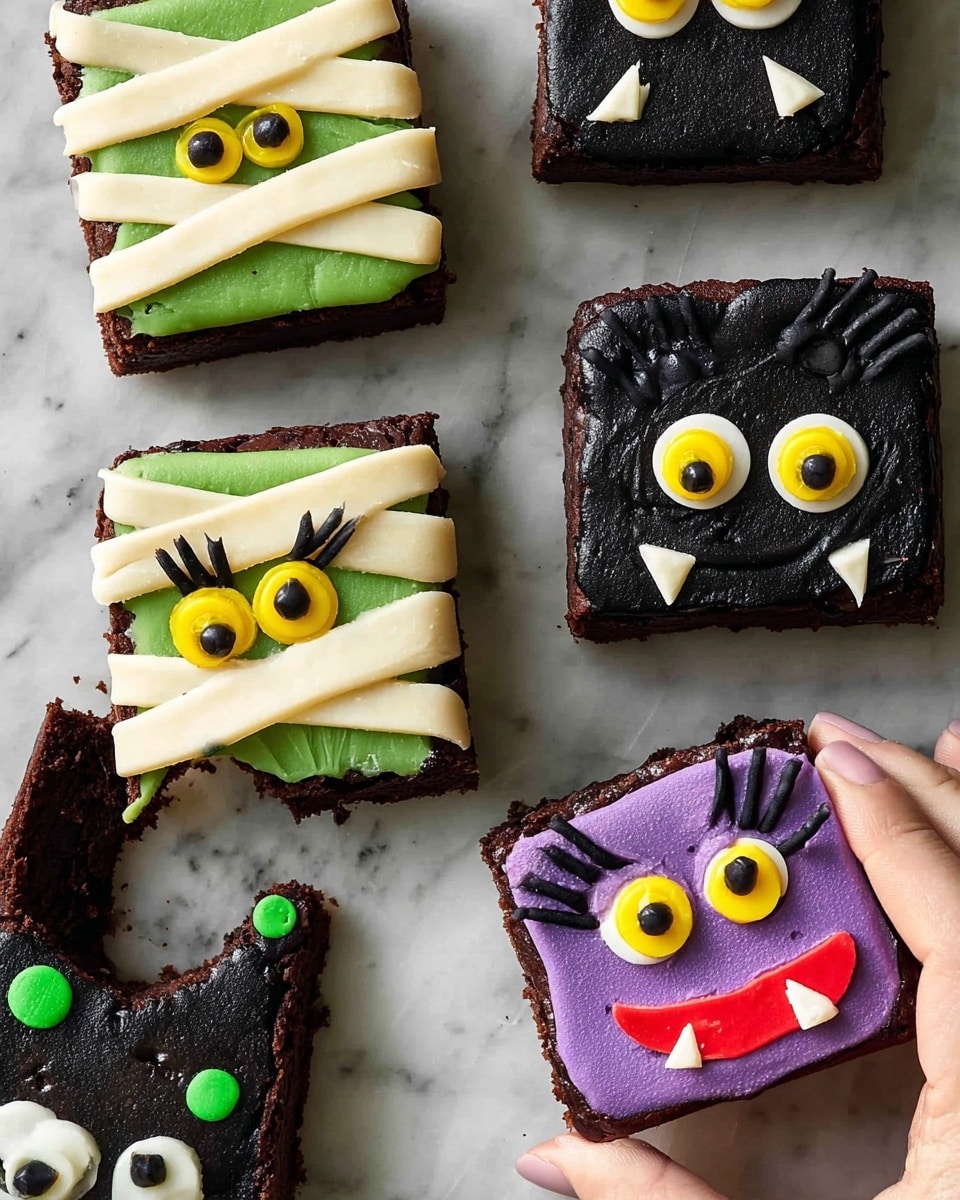 A white tray holds seven decorated square cookies on a white marbled surface. Four cookies are designed as mummies with green faces covered by beige frosting strips, yellow eyes, and black pupils, placed in different spots on the tray. Two purple spider-shaped cookies show six black frosting legs each, green frosting dots on top, and small red fangs near the base. One green cookie resembles a Frankenstein monster with black jagged frosting hair, yellow eyes with black pupils, and a stitched mouth in black frosting. Two cookies, one on top left and one on bottom right, are held by woman's hands, each showing a bite taken out. Photo taken with an iphone --ar 4:5 --v 7