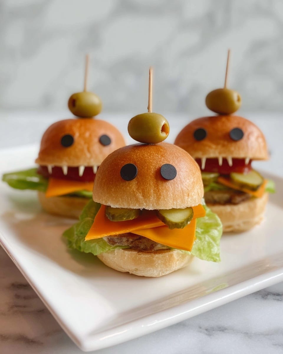 Three small hamburgers are placed side by side on a long white plate. Each burger has a golden brown bun on top, with two toothpicks holding two green olives standing upright like eyes. Below the bun is a layer of red ketchup, followed by slices of bright orange cheese. Under the cheese is a piece of light brown burger patty. At the bottom, there is a fresh green lettuce leaf with a large slice of light green pickle sticking out like a tongue. The whole setup is on a white marbled surface with a white tiled wall in the background. Photo taken with an iphone --ar 4:5 --v 7