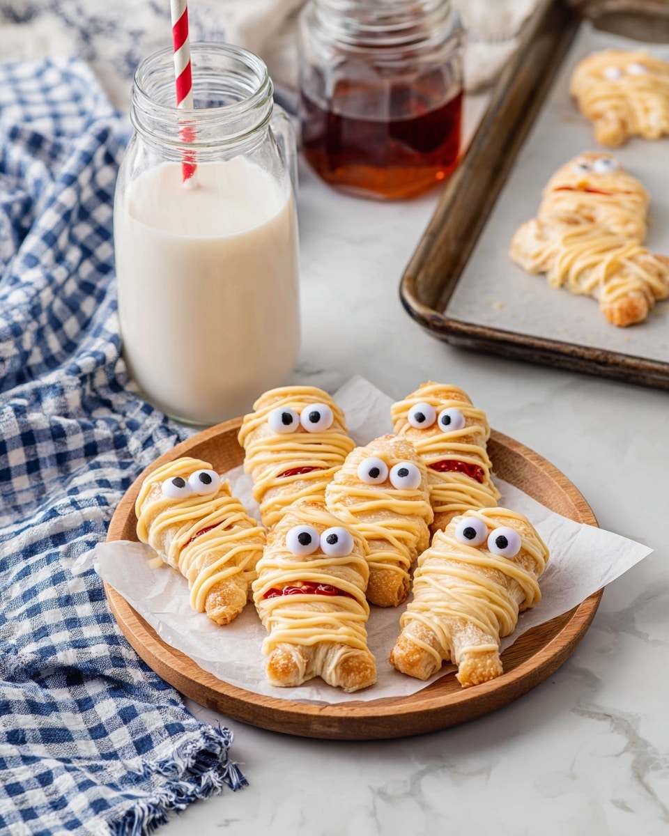 The image shows a wooden plate with parchment paper holding six mummy-shaped pastries. Each pastry has a golden-brown crust wrapped with light beige icing that looks like mummy bandages, and two white candy eyes with black dots on the head area. Some red filling peeks out from beneath the crust, giving a hint of color under the icing. In the background, there is a white glass bottle filled with creamy white milk and a red and white striped straw. To the right, more pastries lie on a baking tray lined with parchment paper. The surface beneath everything is a white marbled texture, and a blue and white checkered cloth is partially visible behind the bottle. photo taken with an iphone --ar 4:5 --v 7