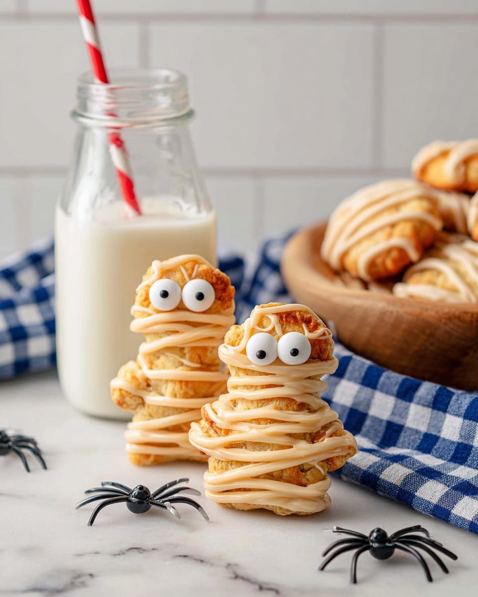 The image shows two gingerbread-shaped pie pastries standing leaning against a clear glass bottle filled with milk and a red and white striped straw. Each pastry has a golden-brown crust with visible fork marks around the edges. They are decorated with white candy eyes that have black centers, giving them a cute and surprised expression. Light beige icing is drizzled over both pastries in thin, irregular layers that wrap around their bodies and limbs like mummy wraps. In front of the pastries on the white marbled surface are three small black plastic spiders adding a spooky theme. To the right, there is a small white bowl with a creamy, swirled topping garnished with candy eyes, fitting the Halloween theme. A blue and white checkered cloth partially visible in the back adds a cozy touch. photo taken with an iphone --ar 4:5 --v 7