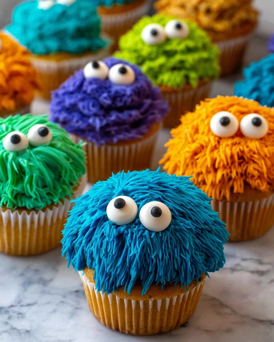 The image shows a group of colorful cupcakes on a white marbled surface, with each cupcake decorated to look like a fun monster face. The cupcakes have one layer of golden yellow cake wrapped in white liners. On top, there is one thick layer of brightly colored frosting piped in a messy, tangled pattern to look like fur, in blue, green, orange, and purple colors. Each cupcake has two large white candy eyes with black pupils placed near the top center of the frosting, making them look playful and animated. In the front, a blue frosted cupcake is clearly visible with a round white nose below the eyes. The cupcakes are arranged closely together, creating a lively and cheerful scene. Photo taken with an iphone --ar 4:5 --v 7