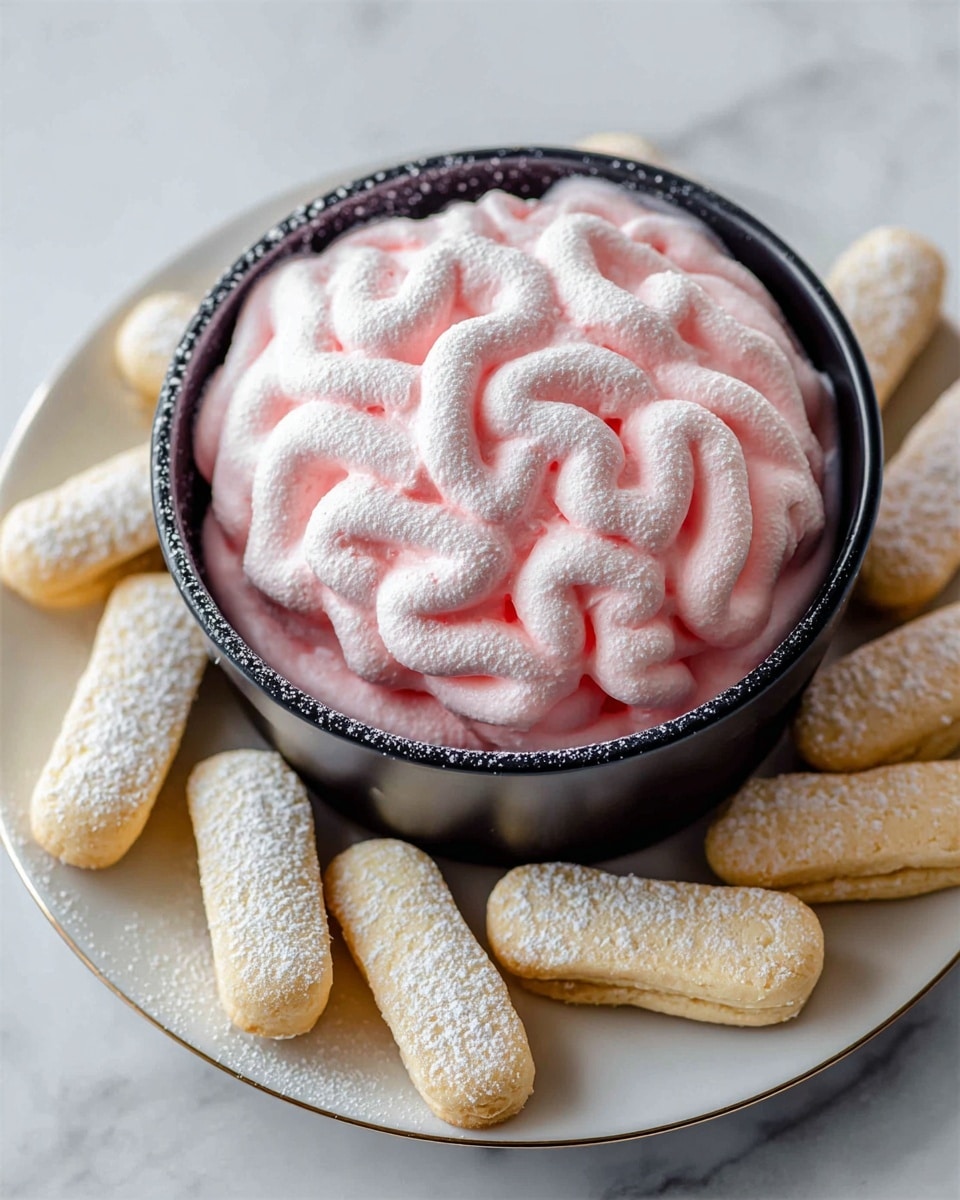 The image shows a black pot topped with a thick layer of pink and white swirled whipped cream shaped like brain folds, sitting in the center of a large white plate. Surrounding the pot on the plate are several light golden ladyfinger biscuits dusted with powdered sugar, arranged neatly around the pot. The background is a white marbled texture. photo taken with an iphone --ar 4:5 --v 7