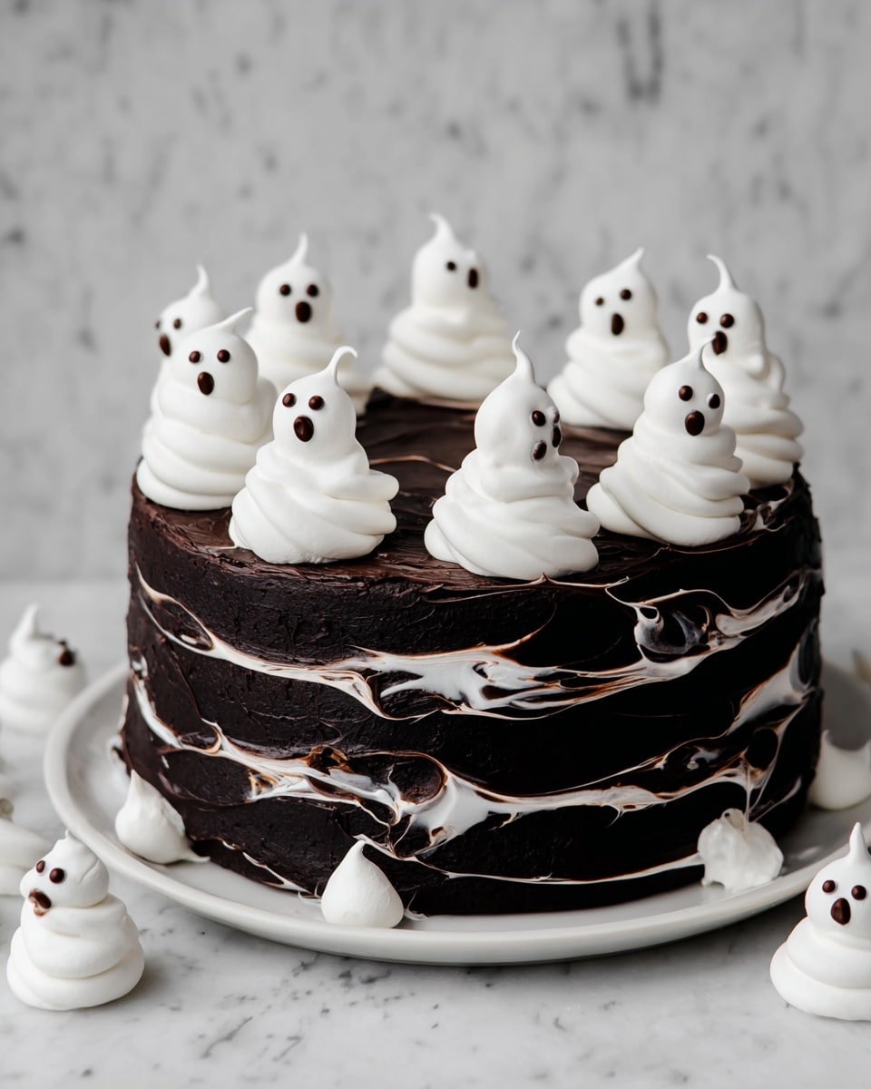 A round, two-layer black cake is frosted with white icing swirled horizontally around the sides in thin, uneven lines. On top, there are ten small white meringue ghosts with three dark chocolate spots each, representing eyes and an open mouth, arranged evenly around the edge. More meringue ghosts are placed around the white plate holding the cake, all sitting on a white marbled surface. The overall look is simple but spooky, perfect for Halloween. photo taken with an iphone --ar 4:5 --v 7