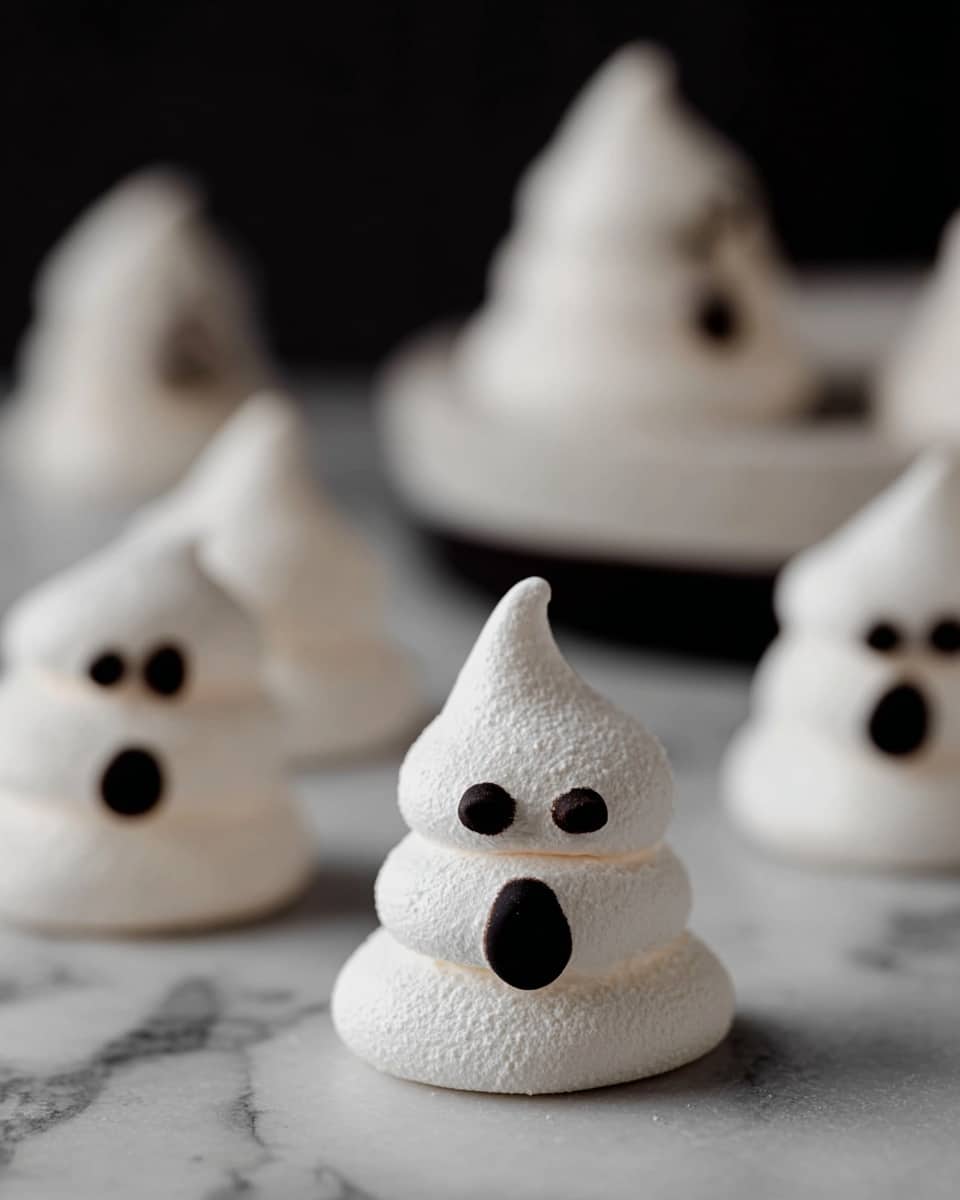 The image shows small white meringue cookies shaped like little ghosts, with three layers: the base is round and textured, the middle layer is slightly smaller and smooth, and the top layer tapers to a point. Each ghost has two small round black eyes and an open black mouth drawn on the top layer, giving a surprised expression. They are placed on a white marbled surface with one ghost sharply in focus in the front and several others out of focus in the background. Some are sitting on a smooth white dish that contrasts with the textured surface around. The lighting is soft but highlights the meringue's texture and shadows. photo taken with an iphone --ar 4:5 --v 7