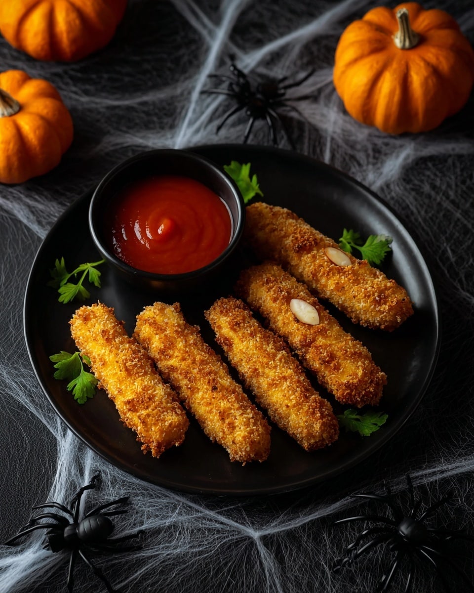 The image shows a white round plate with five golden-brown crispy strips arranged in a fan shape. Each strip has a whole almond placed on top near one end. Small green parsley leaves are scattered around the strips on the plate. A small white bowl filled with smooth red sauce sits on the upper left side of the plate. The plate is on a white marbled surface decorated with small orange pumpkins, black plastic spiders, and thin white spider webs for a Halloween theme. photo taken with an iphone --ar 4:5 --v 7