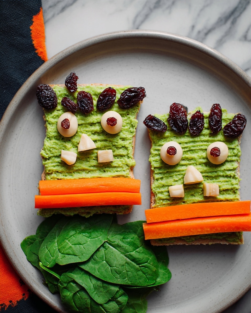 Two pieces of toast lie on a white plate with a white marbled texture background. Each toast has one base layer of brown bread with a thick, even layer of bright green mashed avocado spread on top. The avocado is textured with small ridges. On one edge of each toast, there are three small orange carrot sticks placed side by side. Along the opposite edge, there are small pieces of banana topped with dark raisins, positioned evenly in a row. Some dark raisins are also placed along the same side of the toast near the banana pieces. On the plate, beside the toast, there is a small bunch of fresh green leafy spinach. The whole dish is shown in clear light, and a woman's hand is reaching toward a piece of toast. Photo taken with an iphone --ar 4:5 --v 7