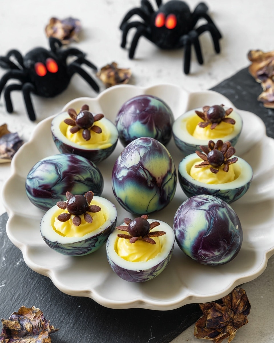 The image shows three halved eggs dyed with green and purple veins, each layer starting with a smooth, shiny green-tinted egg white shell with dark purple cracks, topped with a thick, creamy yellow yolk filling that looks fluffy. On two of the eggs, there are brown olive slices arranged in a curved pattern like spider legs radiating from a whole black olive placed in the center as the spider body, with three small black peppercorns near the base of the yolk to mimic eyes. The eggs are arranged on a round black plate with a matte texture that sits on a wooden surface. In the background, there is a white plate with more egg halves slightly out of focus. Photo taken with an iphone --ar 4:5 --v 7