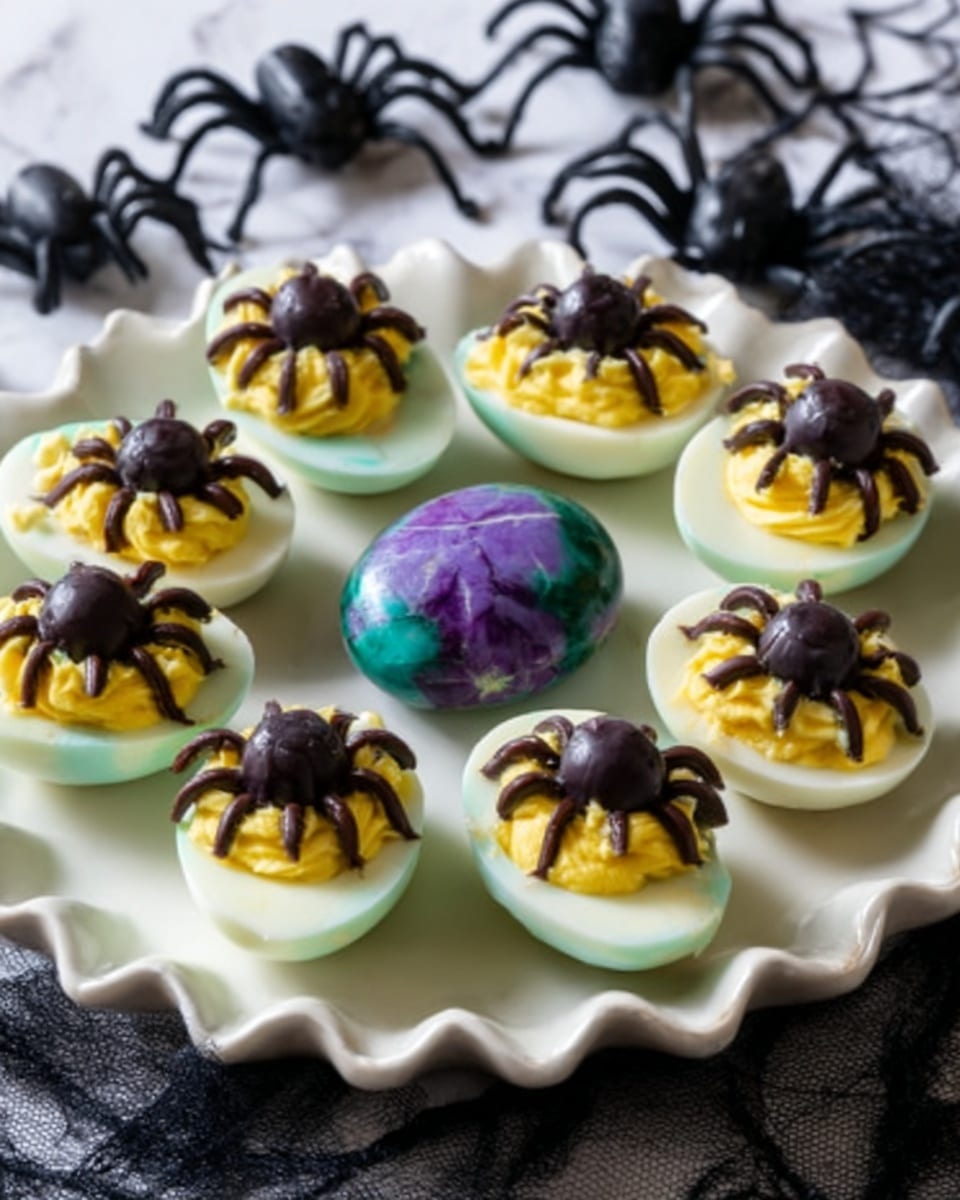 A white scalloped plate holds nine deviled eggs arranged in a circle, each topped with a creative spider decoration. The eggs have a pale yellow filling and a light green-tinted edge. Each spider is made from a glossy black olive body and thin olive slices for legs, carefully positioned on top. In the middle of the plate, there is a round stone painted with purple spider web designs on a green base. The background is a white marbled surface with some Halloween-themed objects blurred in the distance. Photo taken with an iphone --ar 4:5 --v 7