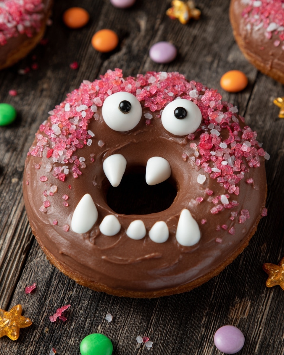A round donut covered fully with smooth chocolate glaze forms the base layer. On top, white icing shapes a wide-open mouth with sharp fangs, creating a monster face effect. Two large white candy eyes with black pupils are placed above the mouth for expression. The donut is decorated with small round sprinkles in pastel colors of yellow, green, and white, scattered across the top layer. Additionally, colorful candy leaves in orange, yellow, and gray are placed mainly around the sides, adding a whimsical touch. The donut sits on a textured wooden surface and is surrounded by Halloween-themed candy eyeballs and small orange and green candies, adding to the spooky theme. photo taken with an iphone --ar 4:5 --v 7
