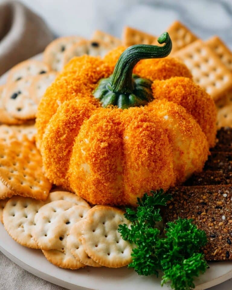 Pumpkin-Shaped Cheddar Cheese Ball with Crackers and Bell Pepper Stem Recipe