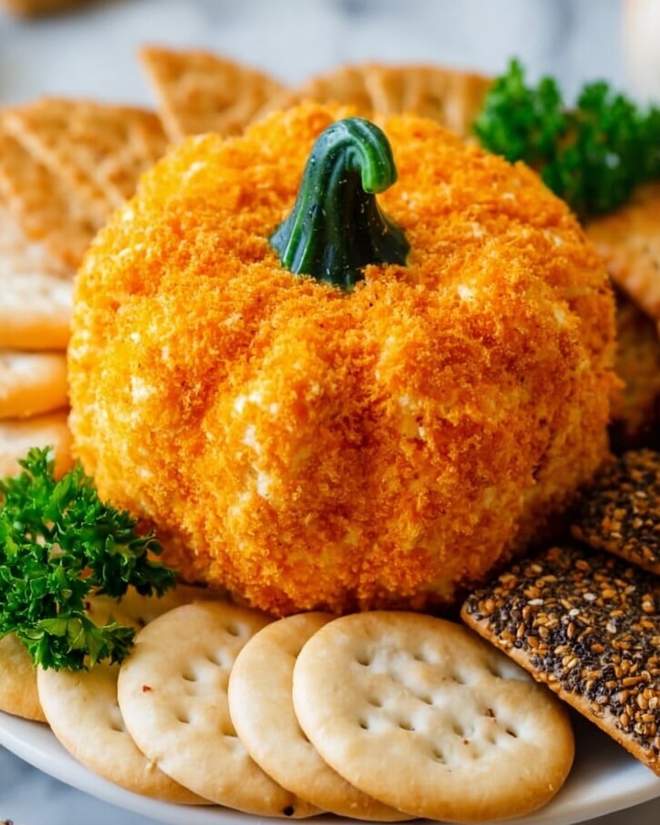 A small pumpkin-shaped cheese ball sits in the center of a white plate. The cheese ball is deep orange and covered with a fine crumb texture, showing the pumpkin's round segments. A green pepper stem is placed on top, looking like a pumpkin's stem. Around the cheese ball, there are different crackers including round, square with black seeds, and darker multigrain crackers spread evenly. The plate is set on a white marbled surface. Photo taken with an iphone --ar 4:5 --v 7