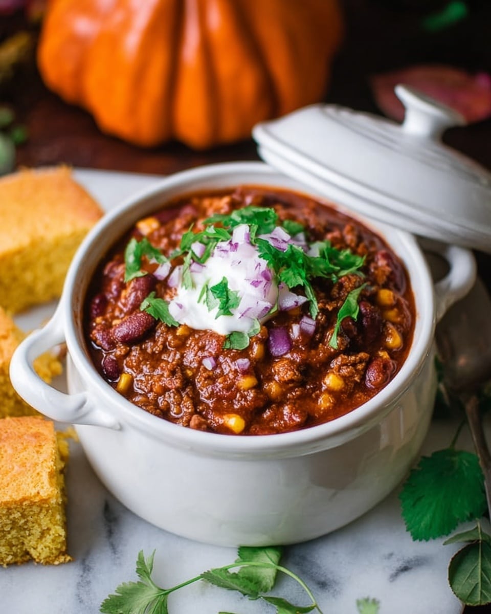 A white bowl with two handles is filled with thick chili made of browned meat, red beans, corn, and tomatoes in a rich reddish-brown sauce. On top sits a round dollop of white sour cream, sprinkled with small pieces of purple onion and bright green cilantro leaves. Around the bowl, there are large square pieces of yellow cornbread with crumbled bits nearby. The scene is set on a white marbled surface decorated with pine cones, small white pumpkins, and green autumn leaves. A spoon is placed inside the bowl near the edge. Photo taken with an iphone --ar 4:5 --v 7