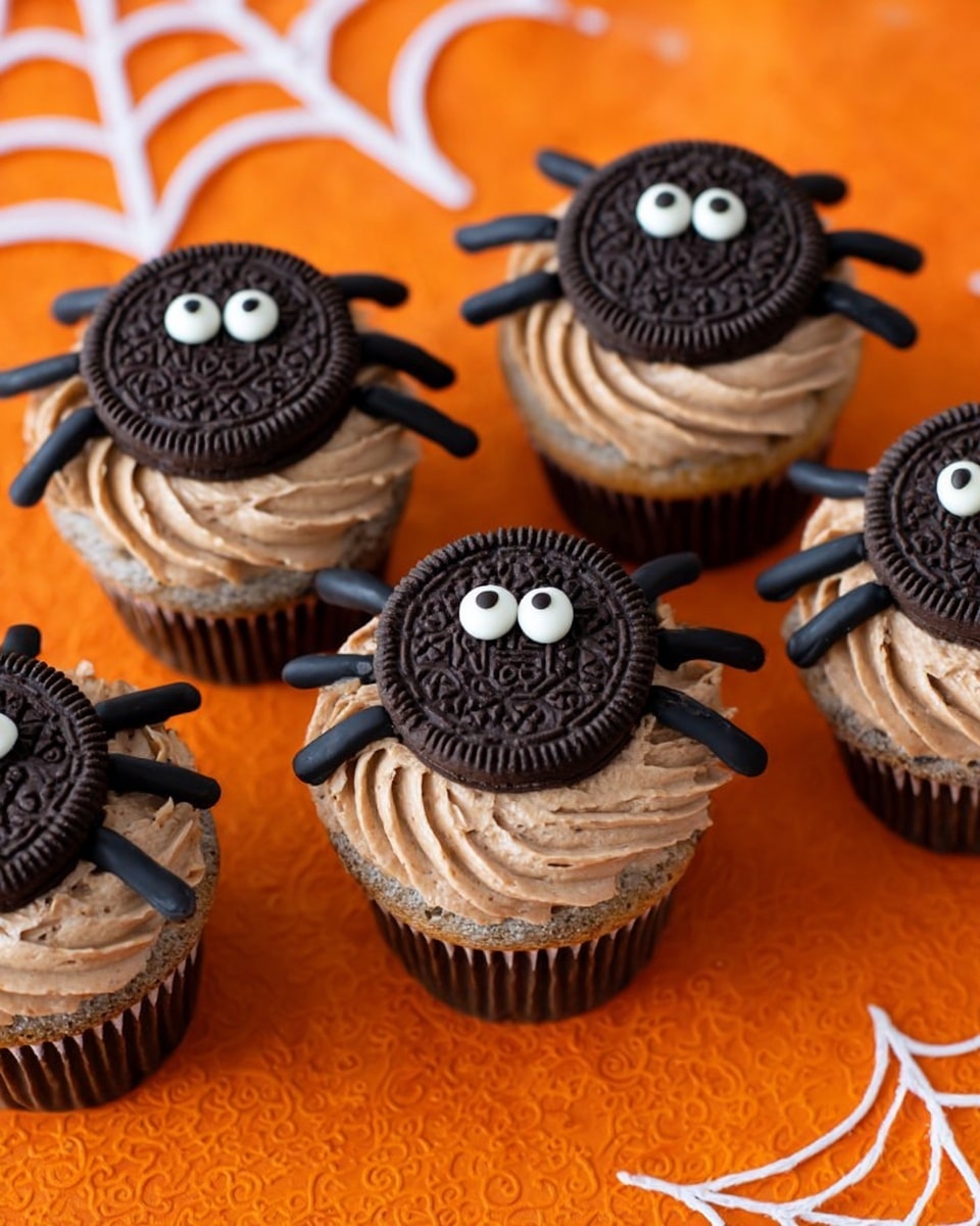 Six cupcakes are arranged on an orange surface with white spider web decoration. Each cupcake has three layers: the bottom is a light brown cake base, followed by a thick swirl of light brown frosting, and on top, a whole Oreo cookie decorated to look like a spider. The Oreo has two white candy eyes with black dots placed on it and black icing lines extending from the cookie to create spider legs, spaced evenly around the cookie's edges. The bright orange background and delicate web details enhance the Halloween theme. Photo taken with an iphone --ar 4:5 --v 7
