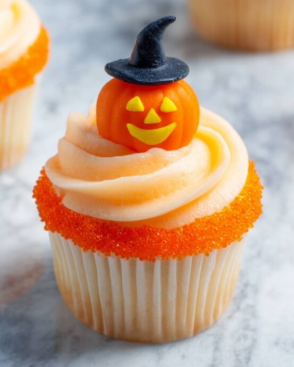 The image shows three orange cupcakes, each wrapped in a white paper liner, placed on a soft white gauzy cloth with a white marbled surface beneath. Each cupcake has two main layers of frosting: a smooth white swirl topped partially with small, sparkling orange sugar crystals on one side. On top of the frosting sits a small, bright orange pumpkin decoration with yellow carved eyes, nose, and a wide smiling mouth, wearing a tiny black pointed witch hat. The cupcakes are positioned in a loose triangle arrangement, with one cupcake closer to the front and the other two slightly blurred in the background. photo taken with an iphone --ar 4:5 --v 7