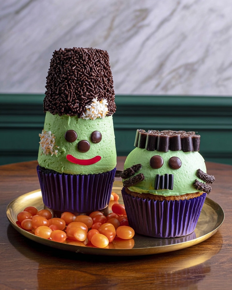The image shows two Halloween-themed cupcakes against a white marbled surface. The cupcake on the left has a purple base with green frosting covering the top third. It features two round chocolate candies for eyes and a small red curved line for a mouth. Above the green frosting is a tall, cone-shaped layer covered in thick dark brown chocolate sprinkles with a patch of white sprinkles resembling a scar. The cupcake on the right also has a purple base topped with green frosting forming a rounded shape. It has two round chocolate candies for eyes, a black curved line for a smile, and a red stitch detail on one side. The top has short black lines made with icing, with more dark brown chocolate sprinkles along the edge. On the sides, two black licorice sticks serve as bolts. Both cupcakes sit on a white round plate filled with bright orange jelly beans, and the photo is taken with an iphone --ar 4:5 --v 7