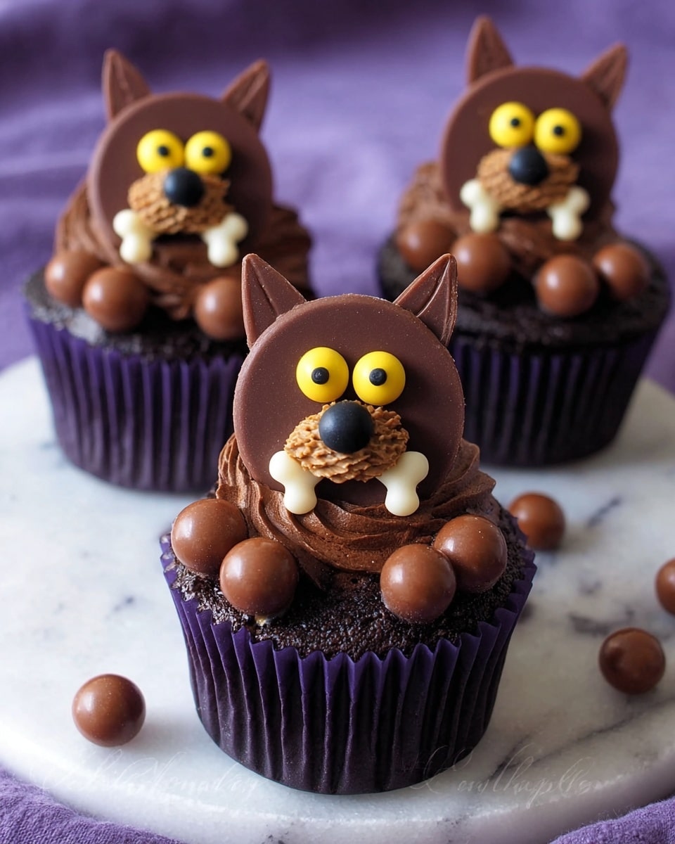Three chocolate cupcakes are shown on a white marbled surface with a purple cloth background. Each cupcake has one layer of dark chocolate cake topped with a thick swirl of dark chocolate frosting. On top of the frosting, two round chocolate balls sit as the wolf’s paws. A large round peanut butter cup forms the wolf’s head in front. On the peanut butter cup, a smaller chocolate piece with a black candy nose is placed in the center. Two yellow candy eyes with black centers are on the top of the peanut butter cup. Two small triangular pieces of chocolate are placed behind the peanut butter cup as ears. Below the nose, white candy pieces make the wolf’s sharp teeth. A small white candy bone with red spots lies on the frosting in front of the wolf’s paws. photo taken with an iphone --ar 4:5 --v 7