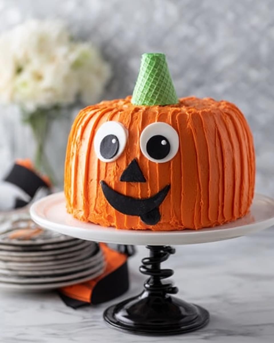 A round, orange cake shaped like a pumpkin sits on a black twisted cake stand against a white marbled surface. The cake is smooth with vertical ridges to mimic the pumpkin's texture. On top is a green cone turned upside down to look like a pumpkin stem. The face has two large, white, round eyes with black pupils pointing to the side, a small black triangle nose, and a wide black smiling mouth, all made of fondant or icing. The background shows a small white flower bouquet tied with an orange and black ribbon and a stack of white plates with black details. Photo taken with an iphone --ar 4:5 --v 7