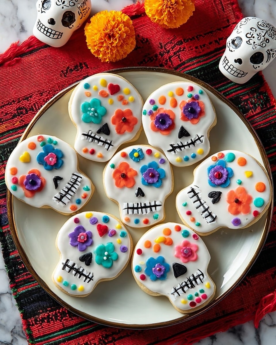 A white plate holds six skull-shaped cookies covered in smooth white icing. Each cookie is decorated with colorful candy pieces in different patterns: multicolored flowers, heart shapes, round candies, and striped circular candies that mimic eyes, with bright lines and dots creating noses and smiling mouths outlined in black icing. The cookies are layered overlapping each other in a circular arrangement. The plate sits on a white marbled surface with small yellow marigold flowers and two white skull-shaped sugar decorations nearby. Photo taken with an iphone --ar 4:5 --v 7
