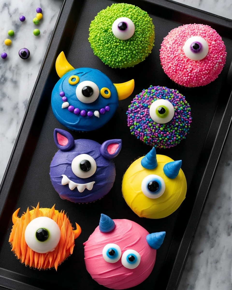 This image shows a black rectangular tray with ten colorful monster-themed round cupcakes on it. Each cupcake has one large eye made from white, black, and colored icing or candy in the center. The cupcakes are decorated with different colored smooth icing: bright blue with yellow horns, green with green sprinkles and a yellow stripe, pink with pink sprinkles, purple with tiny round purple sprinkles, bright orange with orange spikes around the eye, deep blue with tiny blue ears and extra small white eyes, yellow-green with two small yellow ears, light pink with two small pink ears and three small eyes, and another pink one with a blue eyebrow and blue wing-like decoration. The background is a white marbled texture. photo taken with an iphone --ar 4:5 --v 7
