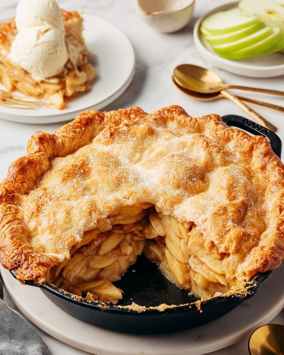 The image shows a golden-brown apple pie with a thick, flaky crust that covers the entire top. One slice has been taken out, revealing three layers inside: a bottom layer of dark caramelized sauce, a middle layer of soft, cooked apple slices with a warm brown color, and the flaky crust on top, which is slightly shiny from a sugar coating. The pie sits in a black pan on a white plate, placed over a white marbled surface. In the background, a woman's hand holds a white plate with a slice of pie topped with a scoop of light cream-colored ice cream. Near the pie are some gold spoons and a small bunch of sliced green apple pieces. The lighting is bright and warm. photo taken with an iphone --ar 4:5 --v 7