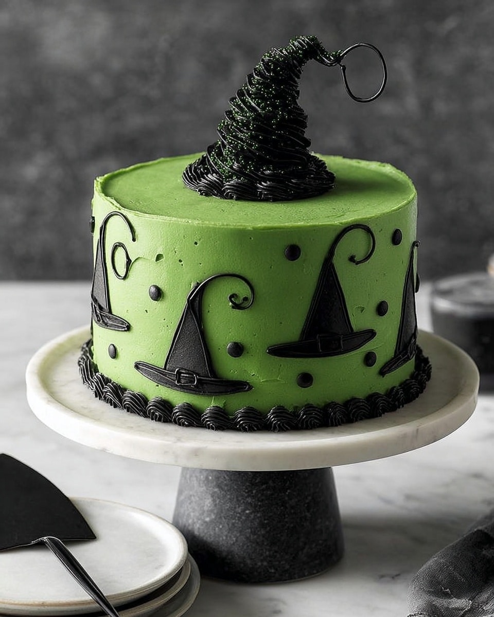 The image shows a round, two-layer cake with smooth bright green frosting all over. The cake is decorated with black icing outlines of witch hats in different shapes and styles placed evenly around the sides. On top, there is a swirl of black frosting with black sprinkle bits scattered around it, and a tall, thin witch hat decoration made of glossy black material sitting in the center. The cake sits on a dark gray stone cake stand with a round base. The background and surface are a white marbled texture. photo taken with an iphone --ar 4:5 --v 7