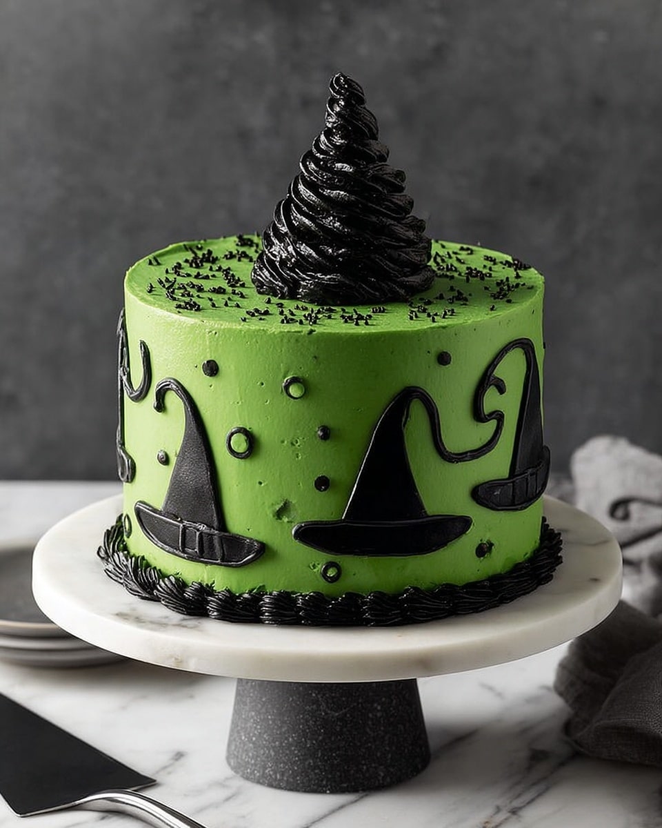 The cake is a tall, round shape covered smoothly in bright green frosting. On the sides, there are many black outlines of witch hats made from icing, each with different shapes and details. Small black balls are placed evenly around the sides between the hats. On top, a swirl of black frosting sits in the center, with black sprinkles scattered around it. A delicate, thin black witch hat made of icing stands upright in the middle of the swirl. The cake is placed on a round, dark marble cake stand on a white marbled surface. Photo taken with an iphone --ar 4:5 --v 7