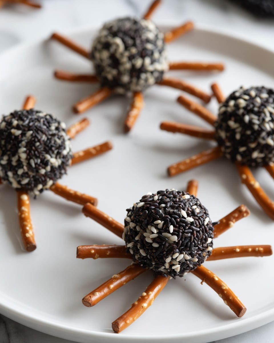 The image shows a close-up of a white marbled surface with several black cheese balls covered in sesame seeds. Each cheese ball has several thin pretzel sticks pushed in, sticking out like spider legs. Behind the cheese balls, there is a bunch of green grapes arranged in a cluster. A woman's hand holds a small knife, gently cutting into one of the black cheese balls. The scene is set with blurred glassware in the background, including a clear glass and a golden-rimmed wine glass, giving a clean and elegant look. Photo taken with an iphone --ar 4:5 --v 7