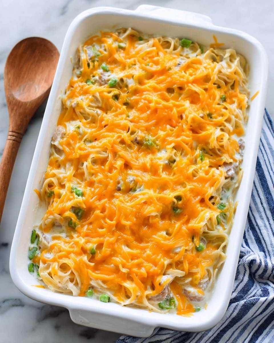 A white rectangular baking dish filled with a creamy pasta casserole that has three main layers. The bottom layer has chunky pieces of chicken mixed with small bits of green vegetables and creamy white sauce. The middle layer is made of thin spaghetti noodles coated in the white sauce and mixed with the chicken and vegetables. The top layer is a thick layer of melted orange cheddar cheese spread evenly across the casserole. A metal spoon is lifting a portion from the corner, showing all the layers together with the melted cheese stretching slightly. The dish is on a white marbled surface with a green and white striped cloth nearby. Photo taken with an iphone --ar 4:5 --v 7