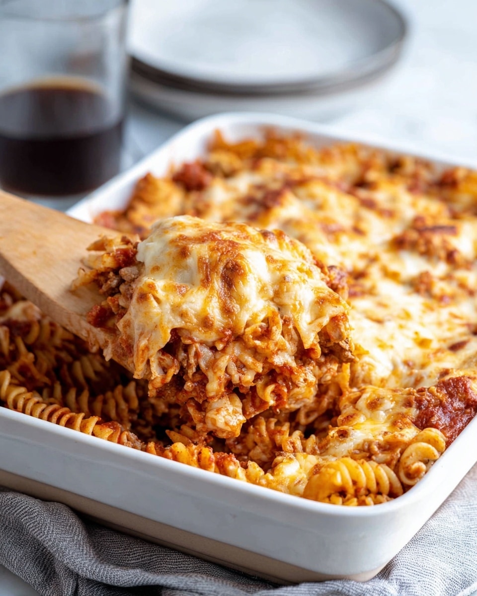 This image shows a white plate with one main layer of cooked fusilli pasta mixed with shredded chicken and covered in melted cheese and a red sauce. A fork holds up some shredded, sauce-covered chicken above the plate. The pasta and chicken blend together with a slightly crispy top layer of browned cheese. In the background, there are two white dishes filled with more of the pasta mixture, and a glass of dark soda. The whole scene sits on a white marbled surface. Photo taken with an iphone --ar 4:5 --v 7