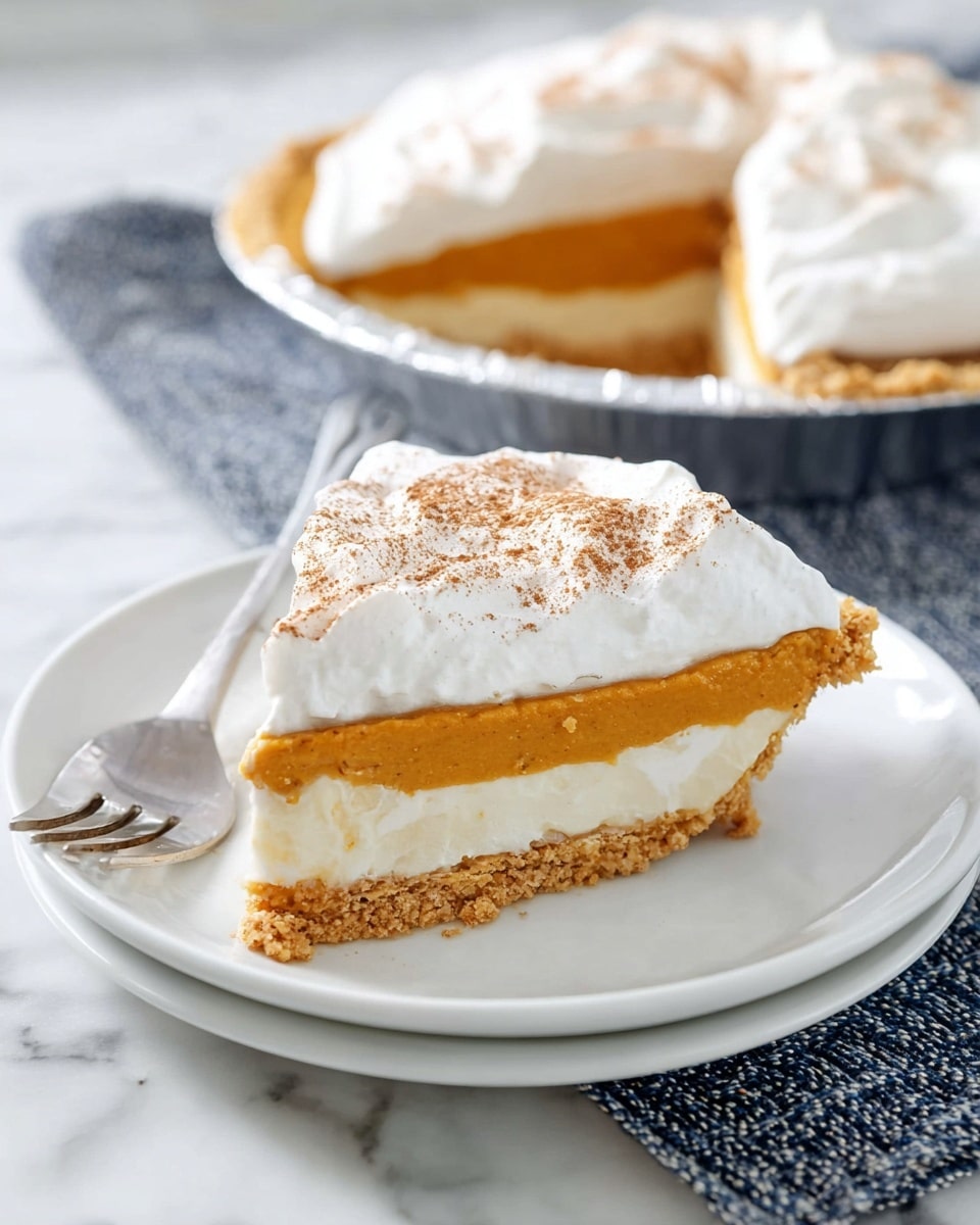 A slice of pie sits on a white plate on a white marbled surface, showing three distinct layers: a pale brown crumbly crust at the bottom, a thick orange layer in the middle, and a thick white creamy layer on top, finished with a light dusting of brown powder. The full pie in a silver tin in the background reveals the same layers. A fork rests on the edge of the plate close to the pie slice. Photo taken with an iphone --ar 4:5 --v 7