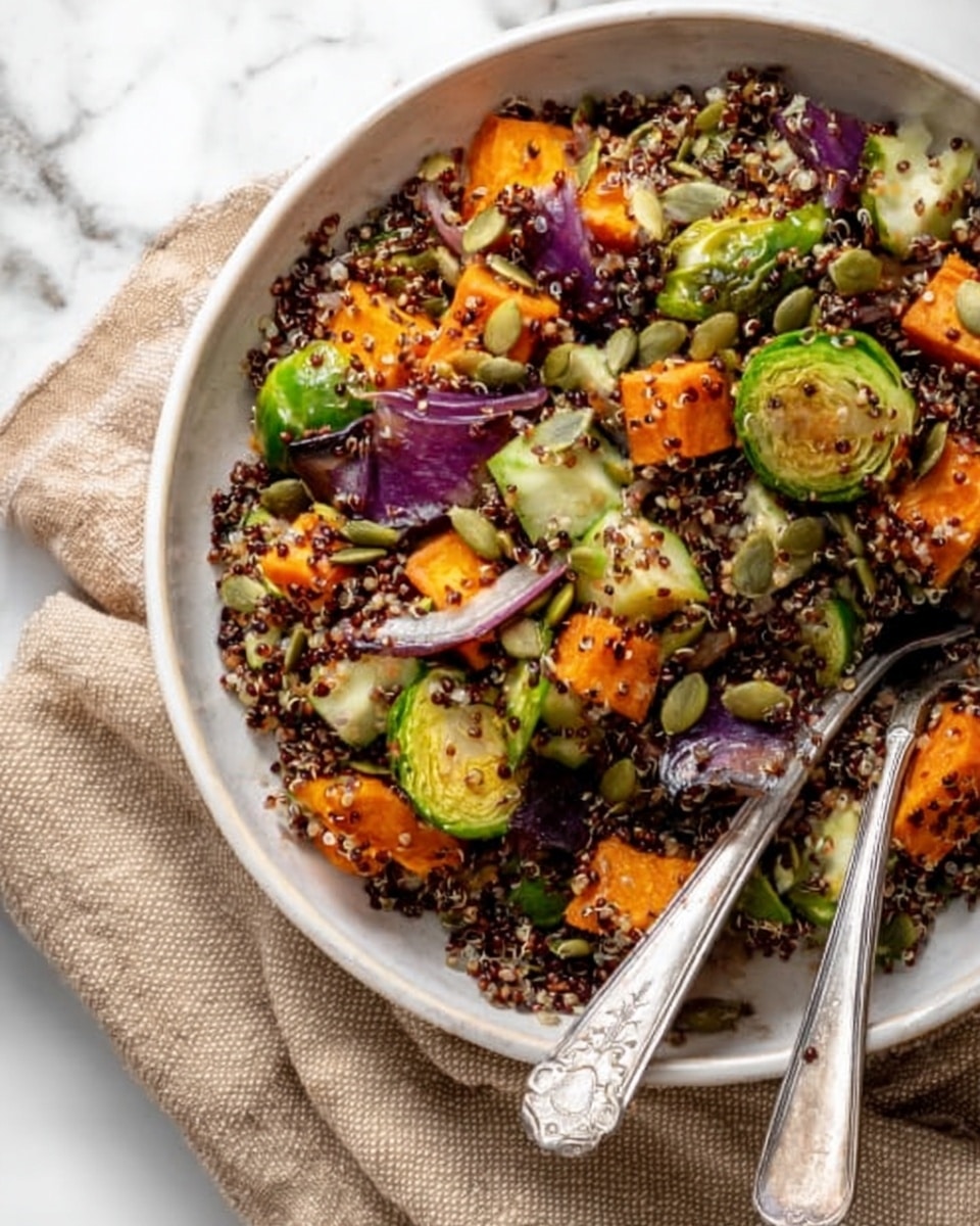 A clear glass bowl filled with a colorful fall quinoa salad showing three main layers: at the bottom, dark red cooked quinoa with small grains scattered throughout, in the middle, large chunks of bright orange roasted squash and light green chopped cucumbers, and on top, dark green leafy greens mixed with small pieces of purple cabbage, all lightly coated in seasoning. The bowl has a red lid partially covering it with a white label that says