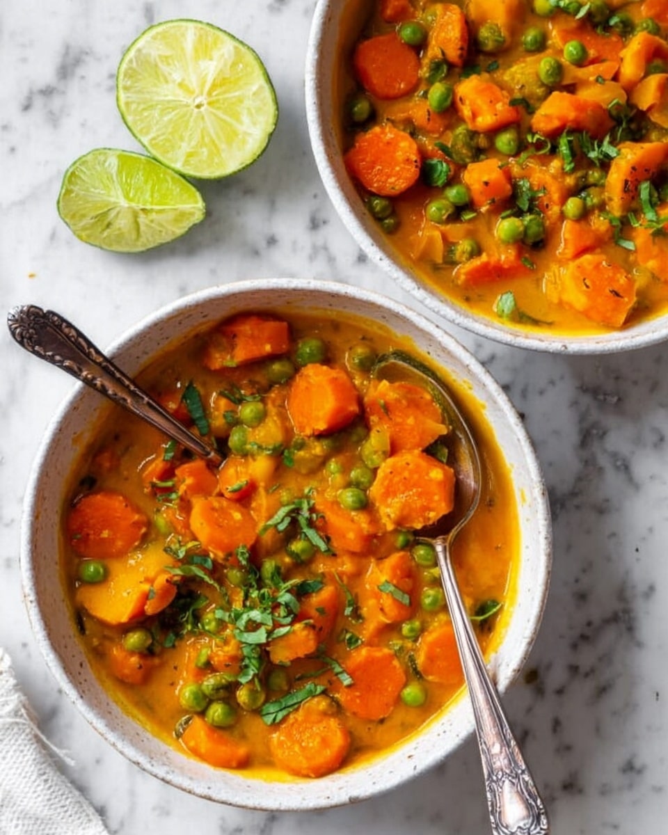 The image shows a white bowl filled with a thick yellow-orange stew full of round, sliced orange carrots, round green peas, and small beige chickpeas in a rich sauce. Some small pieces of herbs with green leaves float on top, adding color contrast. A metal spoon is partially inside the bowl on the right side. Near the bottom right corner, part of another similar white bowl with the stew is visible. Both bowls rest on a white marbled surface, with a textured light cloth near the top right corner. The colors in the stew are warm and vibrant, and the textures of the vegetables are clearly visible. Photo taken with an iphone --ar 4:5 --v 7