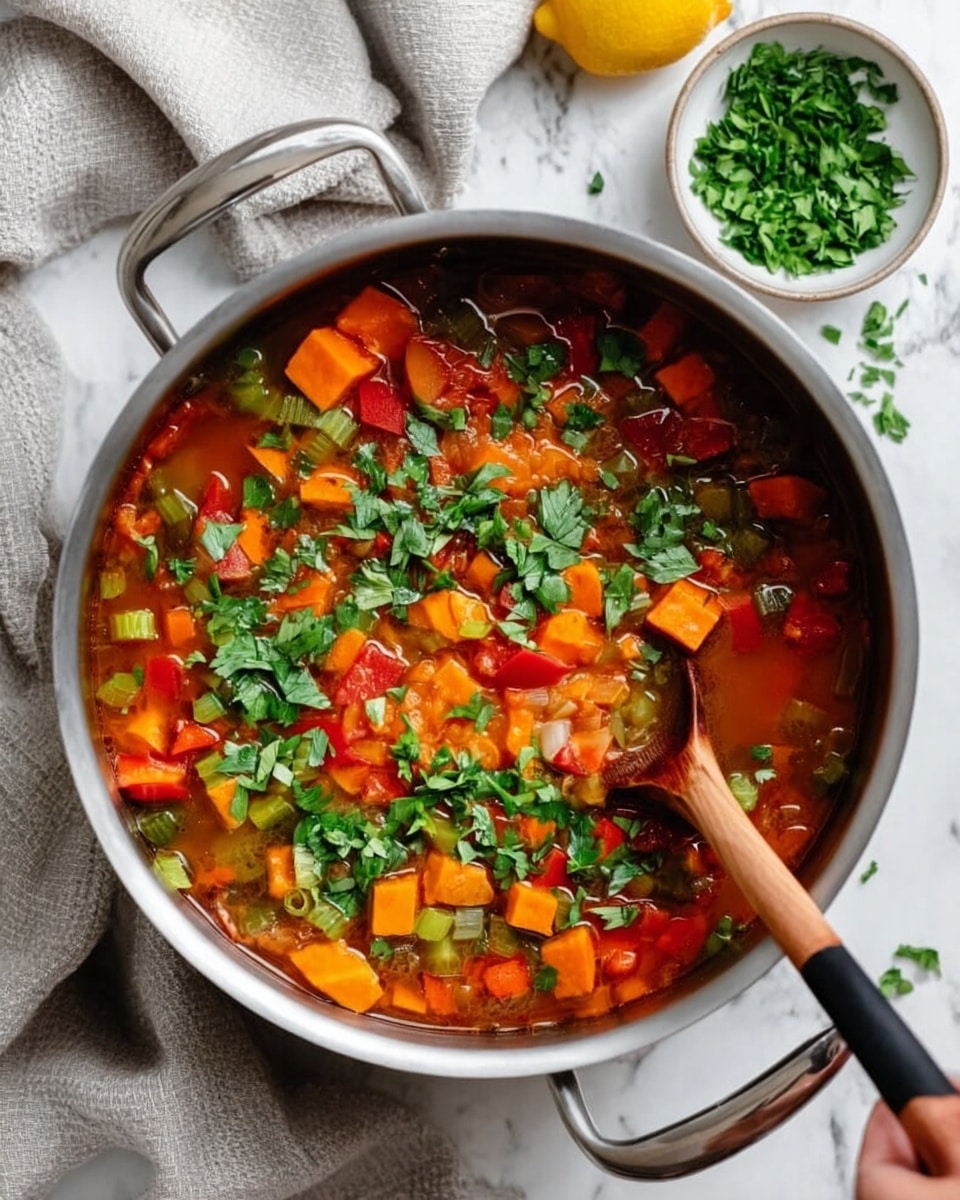 The image shows a close-up of a ladle scooping a thick vegetable soup from a white pot on a white marbled surface. The soup has a reddish broth with several visible chunky layers: bright orange carrot slices, light brown lentils, yellow cubes (likely squash or potatoes), red pieces that look like peppers or tomatoes, and translucent onion pieces. Some small green herb leaves float on the broth, adding a fresh touch. The soup looks warm and hearty with a mix of smooth and chunky textures. Photo taken with an iphone --ar 4:5 --v 7