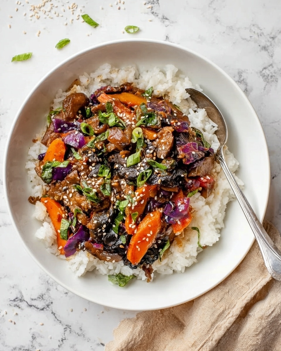The image shows a white bowl filled with a colorful mix of chopped vegetables. There are three main layers: the base layer has bright orange chunks of sweet potato, the middle layer contains sliced purple cabbage and diced red onion adding vivid purple and pink hues, and the top layer is sprinkled with chopped green onions and sliced brown mushrooms. A woman's hand is holding a small white container filled with a white liquid, positioned near the upper left corner above the vegetables. The bowl sits on a white marbled surface. photo taken with an iphone --ar 4:5 --v 7