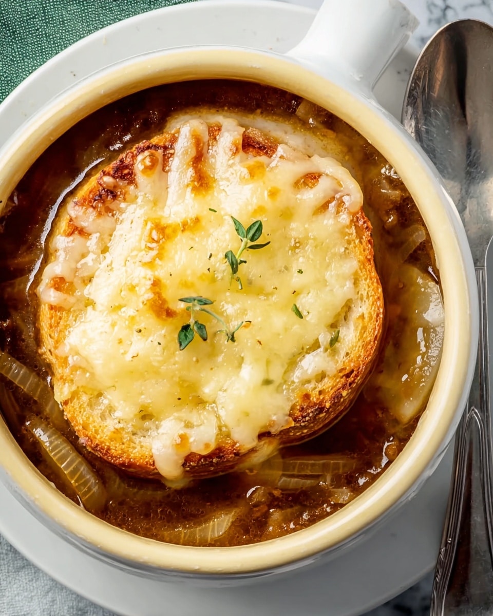 The image shows a white bowl filled with brown onion soup topped with a round piece of toasted bread covered in melted pale yellow cheese. Around the bread, there are visible caramelized onion slices and a few green herb leaves scattered on top for garnish. The bowl rests on a white saucer placed on a green plate with a white marbled surface underneath. There is a metal spoon on the right edge of the image. photo taken with an iphone --ar 4:5 --v 7