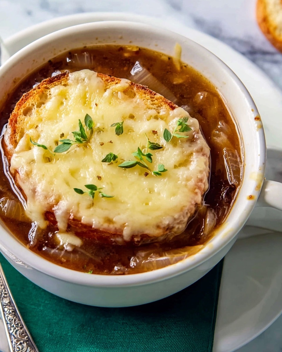 This image shows a white bowl filled with brown onion soup. Inside the soup, there are soft cooked onions and a round toasted bread slice placed in the center. The bread is covered with a thick layer of melted pale yellow cheese that has slightly browned spots on top. Small green herb leaves are placed on the cheese as garnish. The bowl sits on a green plate, and a silver spoon is on the white marbled surface next to it. photo taken with an iphone --ar 4:5 --v 7