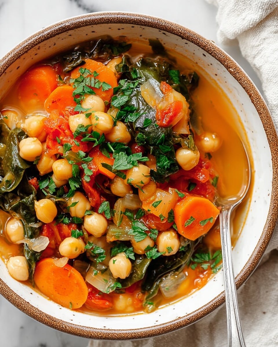 A white bowl filled with a warm soup showing three main layers: at the bottom is a clear orange-brown broth, the middle layer has light beige chickpeas mixed with soft green spinach leaves, pieces of translucent white onion, bright green celery, and chunky red tomato bits, and the top layer is sprinkled with fresh bright green parsley leaves. A silver spoon rests inside the bowl on the right side. The bowl sits on a white marbled surface with a white cloth nearby. photo taken with an iphone --ar 4:5 --v 7